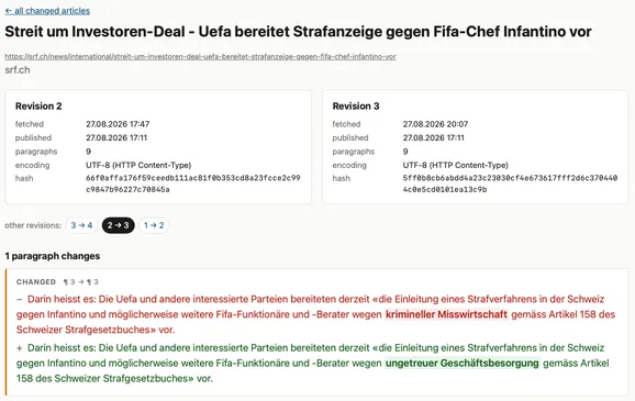 Die Detailansicht von Quiet Edit: zwei Fassungen eines srf.ch-Artikels nebeneinander, darunter der geänderte Absatz mit der ersetzten Stelle hervorgehoben